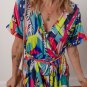 Multicolour Tropical Printed Surplice Neck Tie Waist Romper