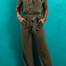 Moss Green Half Button Belted Utility Short Sleeve Jumpsuit