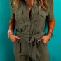 Moss Green Half Button Belted Utility Short Sleeve Jumpsuit