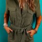 Moss Green Half Button Belted Utility Short Sleeve Jumpsuit