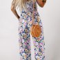 Purple Floral Print Smocked High Waist Square Neck Jumpsuit
