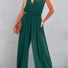 Blackish Green Deep V Pleated Crisscross Wide Leg Backless Jumpsuit