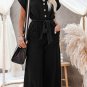 Black Dolman Button Belted V Neck Wide Leg Pocketed Jumpsuit