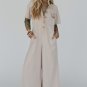 Beige Half Placket Chest Pockets Short Sleeve Wide Leg Jumpsuit