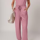 Light Pink Lace Up Elastic Waist Sleeveless Square Neck Jumpsuit