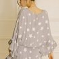 Gray Star Print Crinkle Textured Kimono Ruffle Sleeve Romper