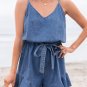 Ashleigh Blue Spaghetti Straps V Neck Belted Ruffled Leg Chambray Romper