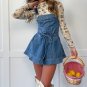 Sky Blue Buckle Straps Bib Style Tied Backless Flared Denim Overall