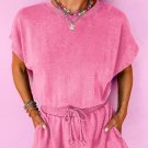 Bonbon Mineral Wash Drawstring Waist Hollow Out Back Short Sleeve Romper