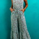 Green Bohemian Floral Ruffle Bottom Spaghetti Strap Jumpsuit