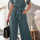 Blue Dolman Button Belted V Neck Wide Leg Pocketed Jumpsuit