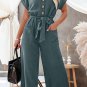 Blue Dolman Button Belted V Neck Wide Leg Pocketed Jumpsuit