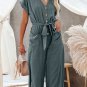 Blue Dolman Button Belted V Neck Wide Leg Pocketed Jumpsuit