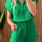 Bright Green Textured Short Sleeve Half Zip Drawstring Waist Romper