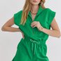 Bright Green Textured Short Sleeve Half Zip Drawstring Waist Romper