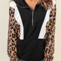 Black Pocketed Half Zip Leopard Pullover Sweatshirt