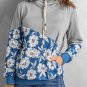 Gray Floral Splicing Cowl Neck Hoodie