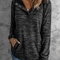 Black Heathered Print Button Snap Neck Pullover Hoodie