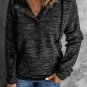 Black Heathered Print Button Snap Neck Pullover Hoodie