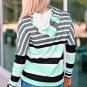 Green Striped Drawstring Long Sleeve Hoodie
