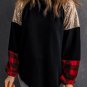 Crewneck Lantern Sleeve Plaid Sequin Splicing Pullover Sweatshirt