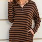 Brown Striped Knit Quarter Zip Hoodie
