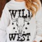 White WILD WEST Steer Skull Graphic Ribbed Sweatshirt