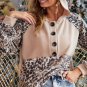 Leopard Print Buttoned Neckline Raglan Sleeve Hoodie