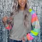 Gray Sequin Color Block Raglan Sleeve Pullover Sweatshirt