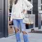 White Solid Ripped Hooded Sweatshirt with Kangaroo Pocket