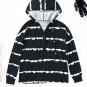 Black Striped Drawstring Button Long Sleeve Hoodie