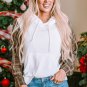 White Waffle Patch Plaid Sleeve Kangaroo Pocket Hoodie