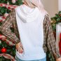 White Waffle Patch Plaid Sleeve Kangaroo Pocket Hoodie