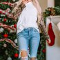 White Waffle Patch Plaid Sleeve Kangaroo Pocket Hoodie