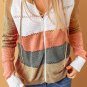 Multicolor Zipped Front Colorblock Hollow out Knit Hoodie