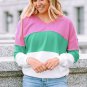 Pink Ribbed V Neck Color Block Patchwork Sweatshirt