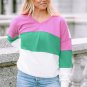 Pink Ribbed V Neck Color Block Patchwork Sweatshirt