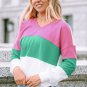 Pink Ribbed V Neck Color Block Patchwork Sweatshirt