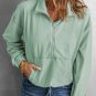 Green Zip Front Pocketed Pullover Sweatshirt