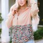 Pink Floral Patch Half Zip Kangaroo Pocket Hoodie