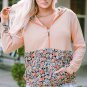 Pink Floral Patch Half Zip Kangaroo Pocket Hoodie