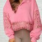 Pink Hollowed Lace Splicing Cropped Sweatshirt