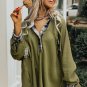 Green Flowy Plaid Accent Waffle Knit Henley Hoodie