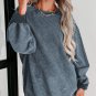 Blue Solid Ribbed Knit Round Neck Pullover Sweatshirt