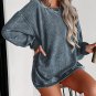 Blue Solid Ribbed Knit Round Neck Pullover Sweatshirt