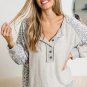 Gray Leopard Patchwork Exposed Seam Buttoned Neck Sweatshirt