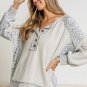 Gray Leopard Patchwork Exposed Seam Buttoned Neck Sweatshirt