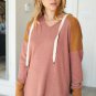 Brown Waffle Knit Patchwork Drawstring V Neck Hoodie