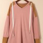 Brown Waffle Knit Patchwork Drawstring V Neck Hoodie