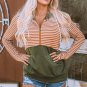 Orange Striped Color Block Patchwork Thumbhole Sleeve Hoodie
